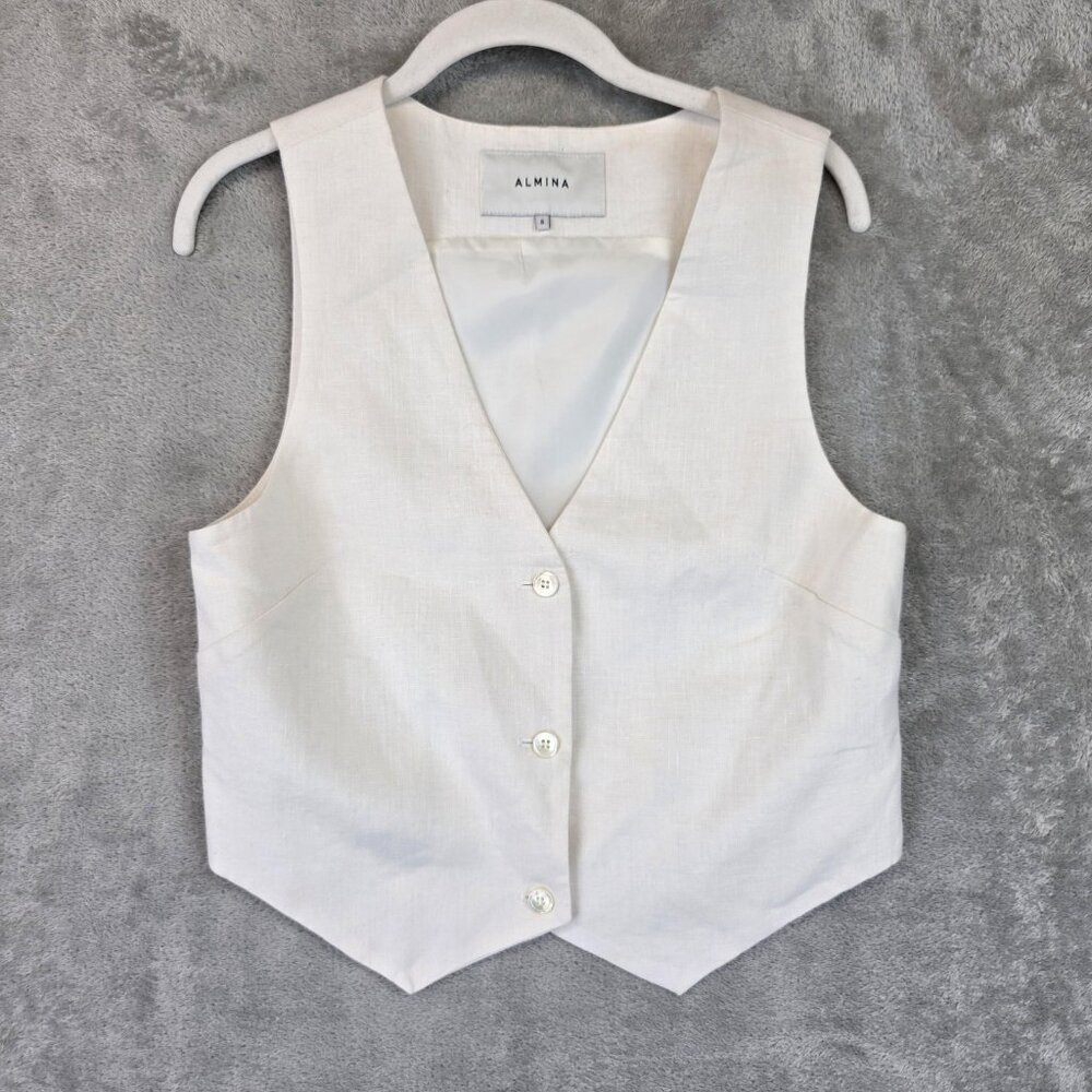 Almina Concept Linen Vest Womens S Ivory White Lined Tailored Button Front Top